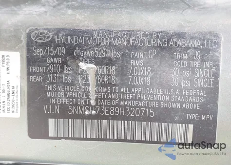 2009 Hyundai Santa Fe Limited from USA, damaged, VIN 5NMSH73E89H320715